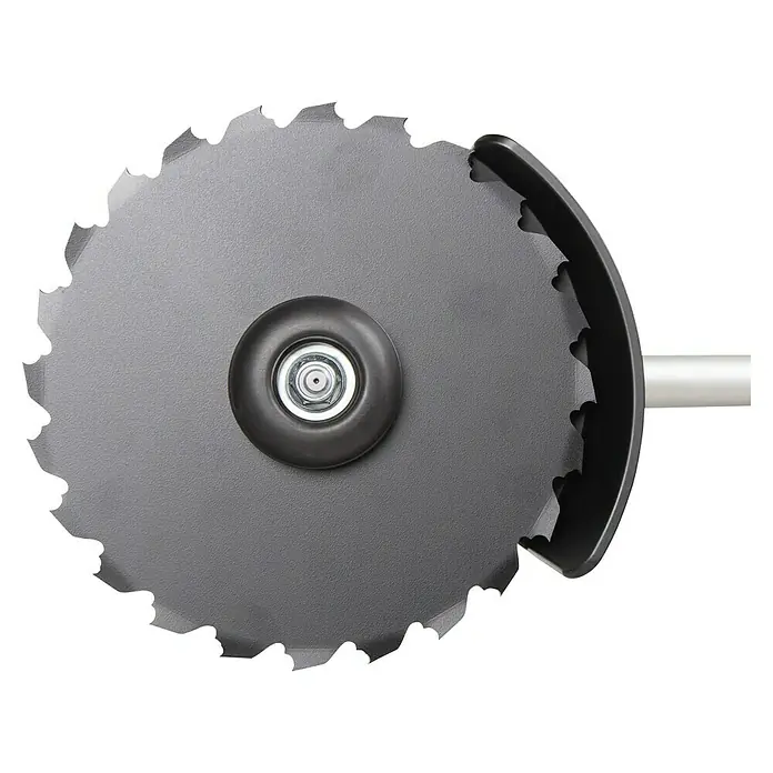 Makita XGT 40V max. Akku-Freischneider DUR013GZ04 - 40 V, Ohne Akku, Schnittbreite Messer: 255 mm - Nahaufnahme einer Kreissägeblatt-Anbaugerät für Freischneider, ideal für Gartenarbeiten.