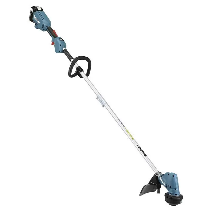 Makita LXT 18V Akku-Rasentrimmer DUR192LRT1 - 18 V, 5 Ah, Li-Ionen, 1 Akku, Schnittbreite Faden: 30 cm - Makita Akku-Rasentrimmer in Grau und Schwarz mit silbernem Schaft, akkubetrieben für die Gartenpflege.