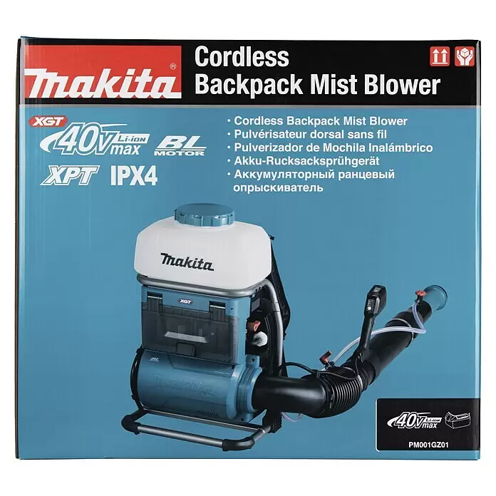 Makita XGT 40V max. Akku-Sprühgerät PM001GZ01 - 40 V, Ohne Akku, 15 l - Makita 40V Max XGT Akku-Rucksack-Nebelgebläse in Blau-Weiß, mit flexiblem Schlauch und Düse.