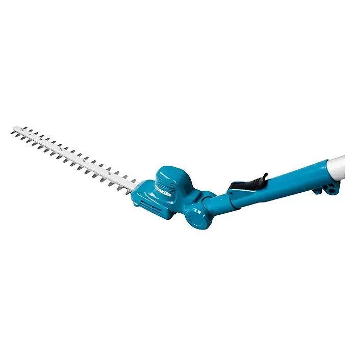 Makita CXT 12V max. Teleskop-Heckenschere UN460WDZ - Li-Ionen, Anzahl Akkus: Ohne Akku, Schnittlänge: 46 cm - Blauer Makita Heckenschneider mit langer weißer Klinge nach links.