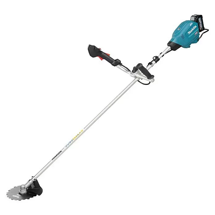 Makita XGT 40V max. Akku-Freischneider DUR013GZ04 - 40 V, Ohne Akku, Schnittbreite Messer: 255 mm - Ein akkubetriebener Makita Freischneider mit hellblau-schwarzem Motorgehäuse, silbernem Schaft und Metallsägeblatt.