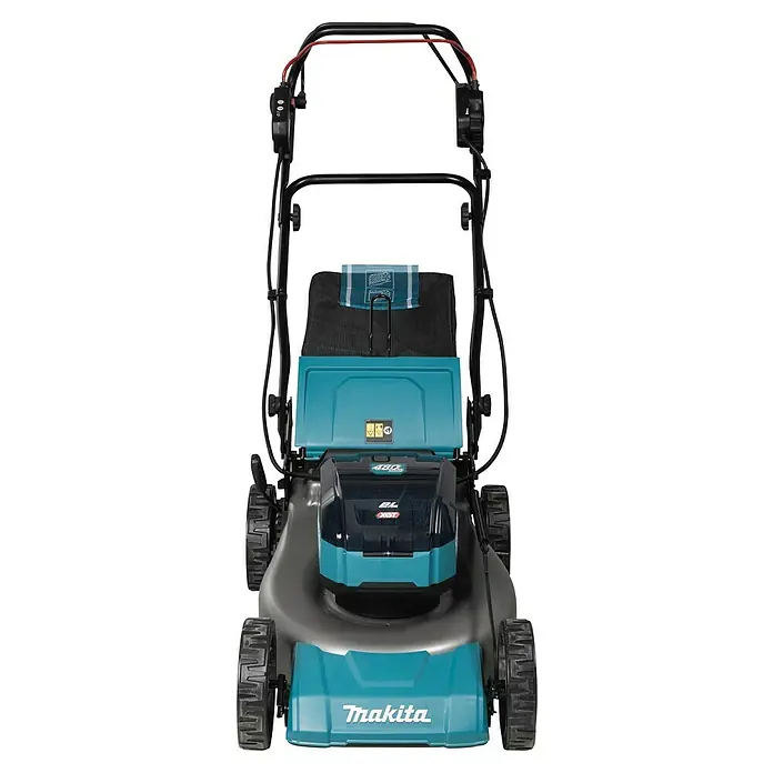 Makita XGT 40V max. Akku-Rasenmäher LM001GT204 - 40 V, 2 Akkus, 5 Ah, Schnittbreite: 48 cm - Nahaufnahme eines Makita Akku-Rasenmähers mit robustem Design und leuchtenden Farben.