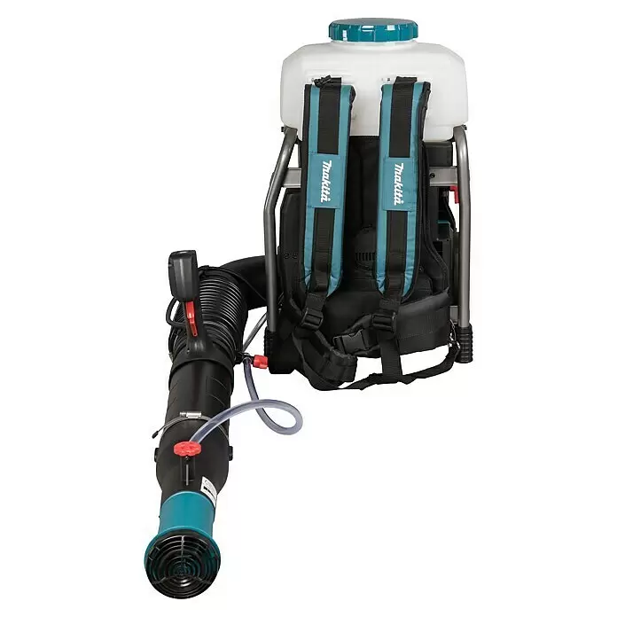 Makita XGT 40V max. Akku-Sprühgerät PM001GZ01 - 40 V, Ohne Akku, 15 l - Makita Rucksackspritze mit weißem Tank, blauen und schwarzen Schultergurten, schwarzem Schlauch, klarem Flüssigkeitsrohr mit roten Ventilen und blauer Düse.