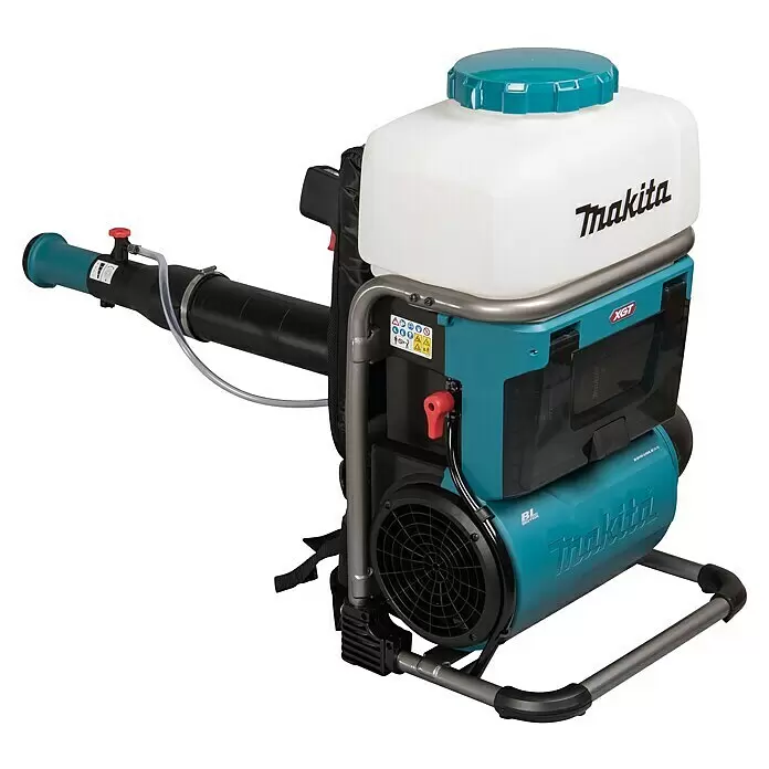 Makita XGT 40V max. Akku-Sprühgerät PM001GZ01 - 40 V, Ohne Akku, 15 l - Makita kabellose Rückenspritze/Gebläse in Türkis und Weiß mit schwarzem Lüftergitter und grauem Rahmen.