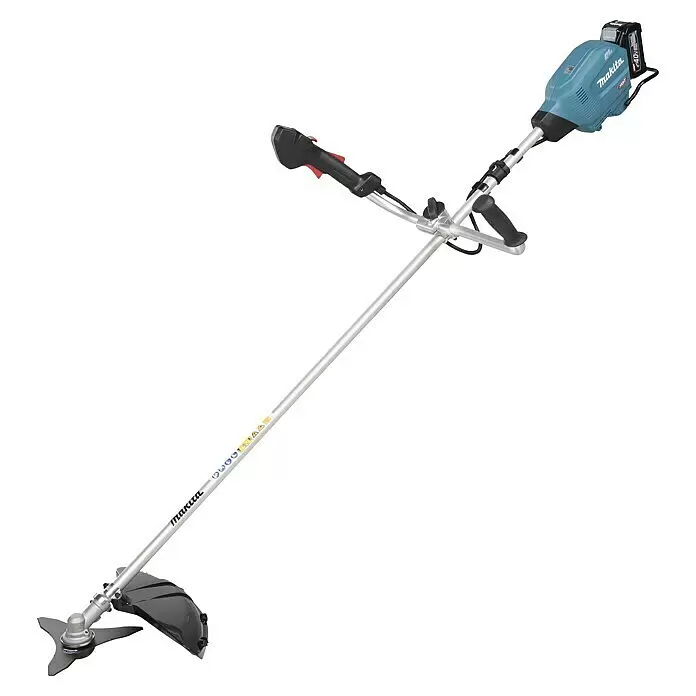 Makita XGT 40V max. Akku-Freischneider DUR013GZ04 - 40 V, Ohne Akku, Schnittbreite Messer: 255 mm - Makita Akku-Freischneider mit hellblau/grauem Motorgehäuse, schwarzem Akku, ergonomischen Griffen und 3-Blatt-Messer.