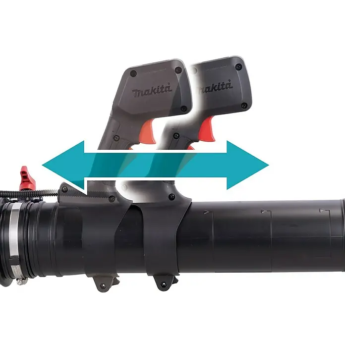 Makita XGT 40V max. Akku-Sprühgerät PM001GZ01 - 40 V, Ohne Akku, 15 l - Detailaufnahme eines Makita Gebläses mit Fokus auf Griff und Rohr, dargestellt mit blauen Pfeilen für die Funktion.