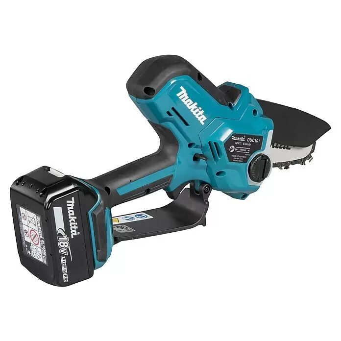Makita LXT 18V Akku-Astsäge DUC101RF01 - 18 V, 3 Ah, 1 Akku - Makita 18V Akku-Mini-Kettensäge in Türkis und Schwarz, mit sichtbarem Lithium-Ionen-Akku.