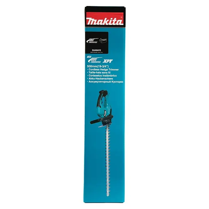 Makita LXT 18V Akku-Heckenschere DUH507Z - 18 V, Li-Ionen, Ohne Akku, Schnittlänge: 500 mm - Abbildung der Makita DUH507Z Akku-Heckenschere, einem kabellosen Gartengerät mit einer Schnittlänge von 500mm (19-3/4").