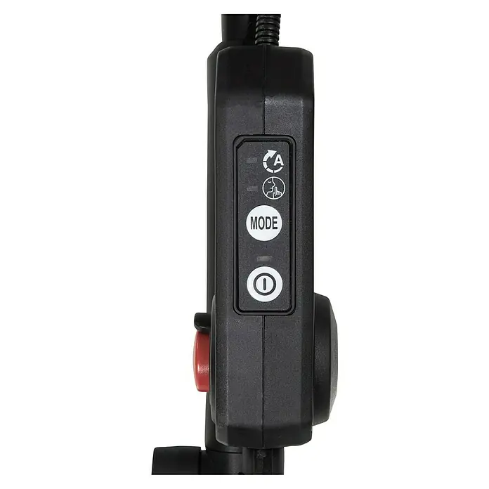 Makita XGT 40V max. Akku-Rasenmäher LM001GT204 - 40 V, 2 Akkus, 5 Ah, Schnittbreite: 48 cm - Nahaufnahme der Bedienelemente einer tragbaren Maschine, mit hervorgehobenen Modus- und Einschalttasten für eine einfache Bedienung.