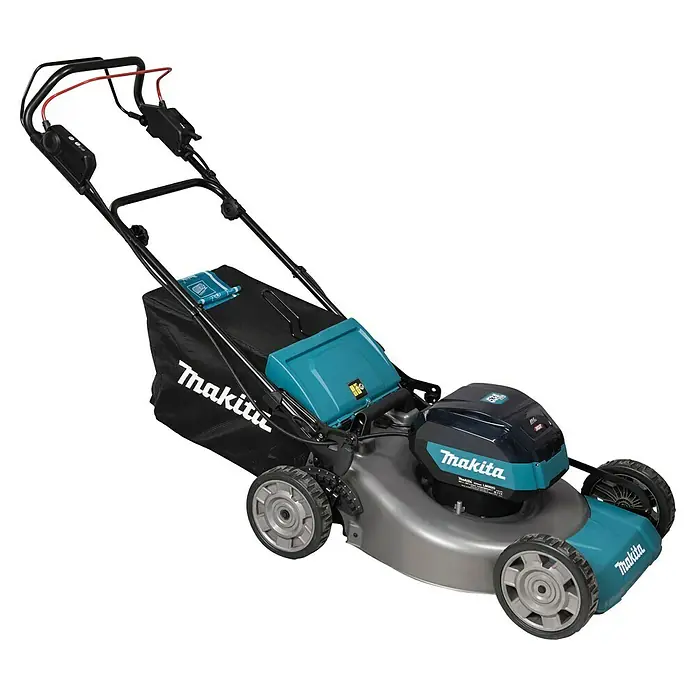 Makita XGT 40V max. Akku-Rasenmäher LM002GZ - 40 V, Ohne Akku, Schnittbreite: 53 cm - Ein Makita Akku-Rasenmäher in Blau und Grau mit einem Grasfangsack. Er ist für den Garten konzipiert.