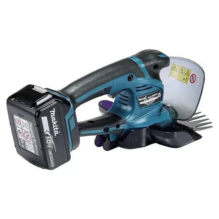 Makita LXT 18V Akku-Gras- & Strauchschere DUM604RFX1 - 18 V, Li-Ionen, 1 Akku - Makita 18V Akku-Heckenschere/Grasschere in Blau und Schwarz mit transparentem Schutz und silbernen Klingen.