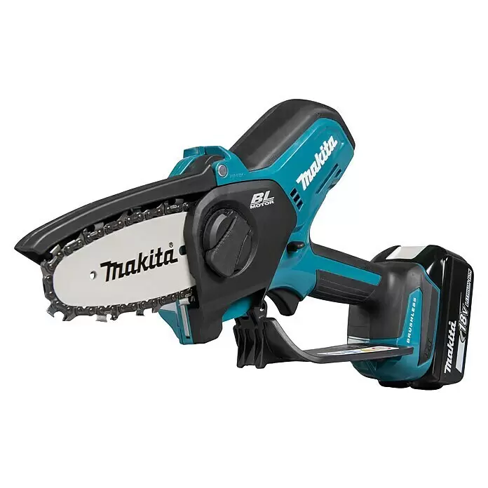 Makita LXT 18V Akku-Astsäge DUC101RF01 - 18 V, 3 Ah, 1 Akku - Makita 18V Akku-Mini-Kettensäge in Schwarz und Türkis mit bürstenlosem Motor, Führungsschiene und Kette.