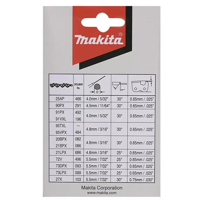 Makita Sägekette 191H11-5 - Passend für: Makita Elektro-Kettensäge UC3551A - Makita Kettensägen-Schärftabelle mit Feilengröße, Winkel und Tiefenbegrenzereinstellung für verschiedene Kettentypen.