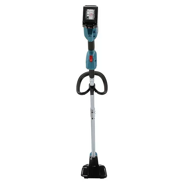 Makita LXT 18V Akku-Rasentrimmer DUR192LRT1 - 18 V, 5 Ah, Li-Ionen, 1 Akku, Schnittbreite Faden: 30 cm - Ein kabelloser Rasentrimmer mit schwarzem Akku, blau-grauem Griff, rotem Auslöser, schwarzem D-Griff, silbernem Schaft und schwarzer Schneidebasis.