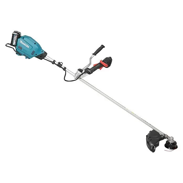 Makita XGT 40V max. Akku-Freischneider DUR013GT204 - 40 V, 5 Ah, 2 Akkus - Makita Akku-Rasentrimmer in Türkis und Schwarz mit grauem Schaft und Akkubetrieb.
