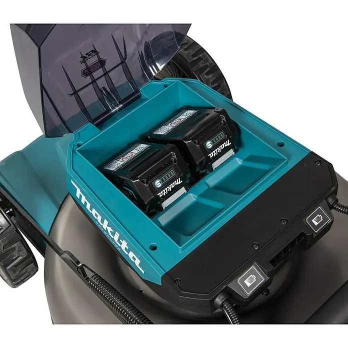 Makita XGT 40V max. Akku-Rasenmäher LM001GT204 - 40 V, 2 Akkus, 5 Ah, Schnittbreite: 48 cm - Makita Akku-Rasenmäher mit zwei eingesetzten Akkus. Das Gerät ist in den Farben Türkis und Schwarz gehalten.