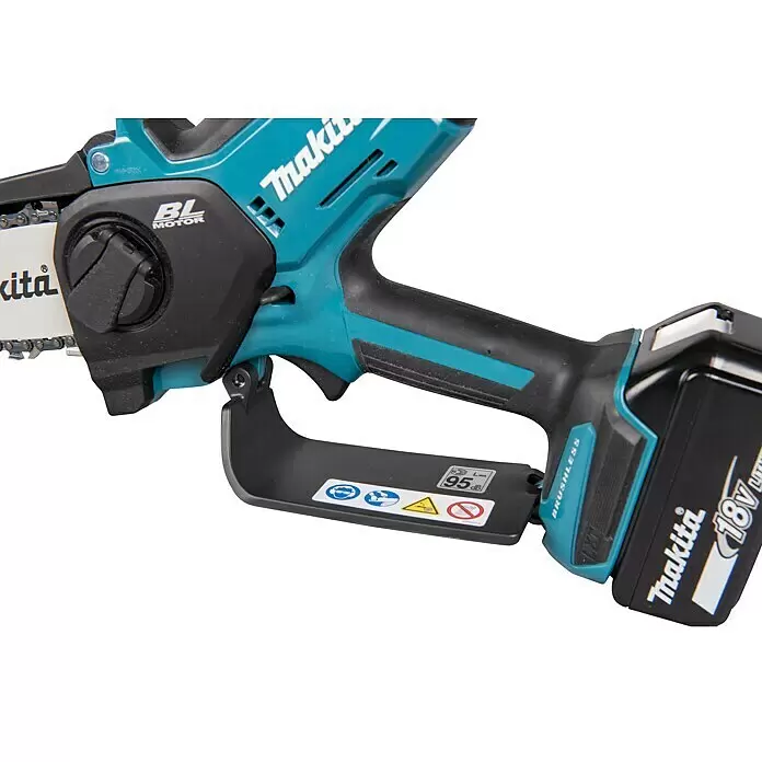 Makita LXT 18V Akku-Astsäge DUC101RF01 - 18 V, 3 Ah, 1 Akku - Türkis-schwarze Makita 18V Akku-Mini-Kettensäge mit bürstenlosem Motor, Kette, Griff und Akku.