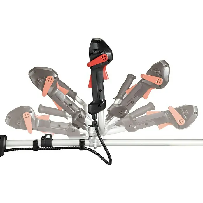 Makita XGT 40V max. Akku-Freischneider DUR013GZ04 - 40 V, Ohne Akku, Schnittbreite Messer: 255 mm - Bild einer verstellbaren Griffbaugruppe eines Produkts, wahrscheinlich eines Trimmers, mit roten Akzenten.