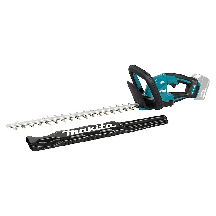 Makita LXT 18V Akku-Heckenschere DUH506Z - 18 V, Li-Ionen, Ohne Akku, Schnittlänge: 50 cm - Abbildung einer Makita Akku-Heckenschere mit Schutzhülle. Das Gerät ist blaugrün und schwarz mit einem silbernen Schneideblatt.