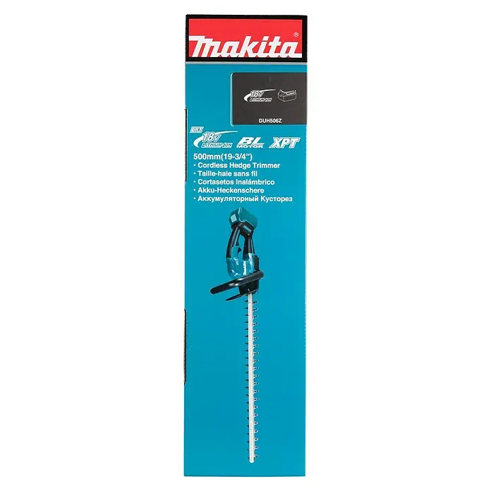 Makita LXT 18V Akku-Heckenschere DUH506Z - 18 V, Li-Ionen, Ohne Akku, Schnittlänge: 50 cm - Abbildung einer Makita Akku-Heckenschere mit 500mm Schnittlänge. Ideal für kabelloses Trimmen von Hecken.
