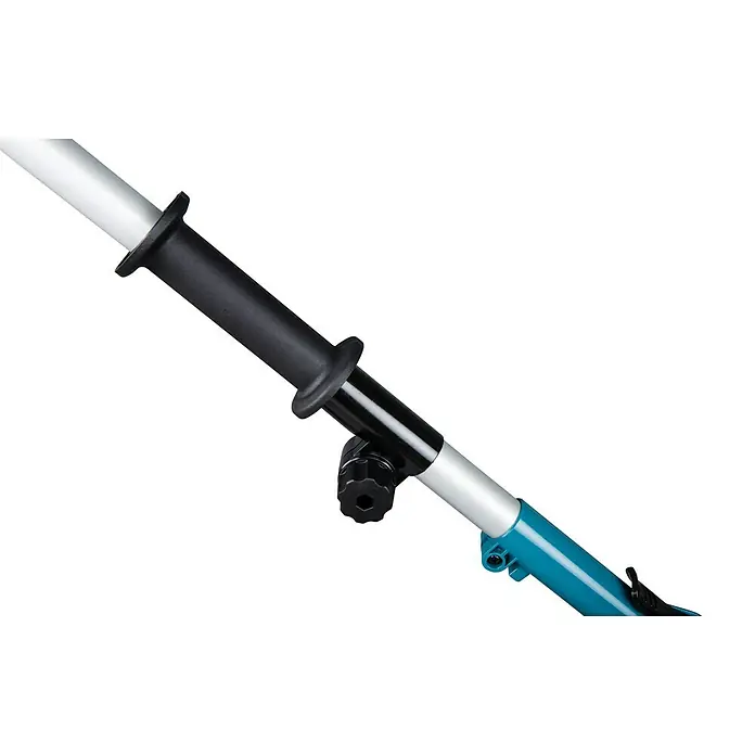 Makita CXT 12V max. Teleskop-Heckenschere UN460WDZ - Li-Ionen, Anzahl Akkus: Ohne Akku, Schnittlänge: 46 cm - Detailaufnahme eines Stiels mit einem schwarzen Griff und einer Verstellschraube, Teil einer Gartengerätverlängerung.