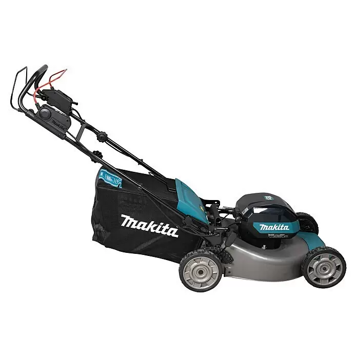 Makita XGT 40V max. Akku-Rasenmäher LM002GZ - 40 V, Ohne Akku, Schnittbreite: 53 cm - Akku-Rasenmäher von Makita in Schwarz mit türkisfarbenen Akzenten, grauem Mähdeck und schwarzem Fangkorb.