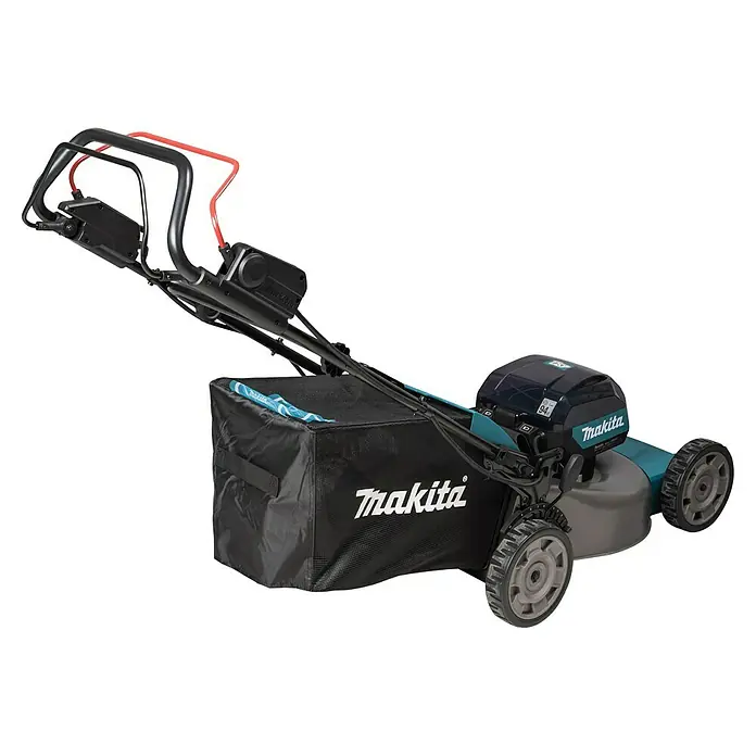 Makita XGT 40V max. Akku-Rasenmäher LM001GT204 - 40 V, 2 Akkus, 5 Ah, Schnittbreite: 48 cm - Abbildung eines Makita Akku-Rasenmähers mit Fangkorb und rotem Griff.
