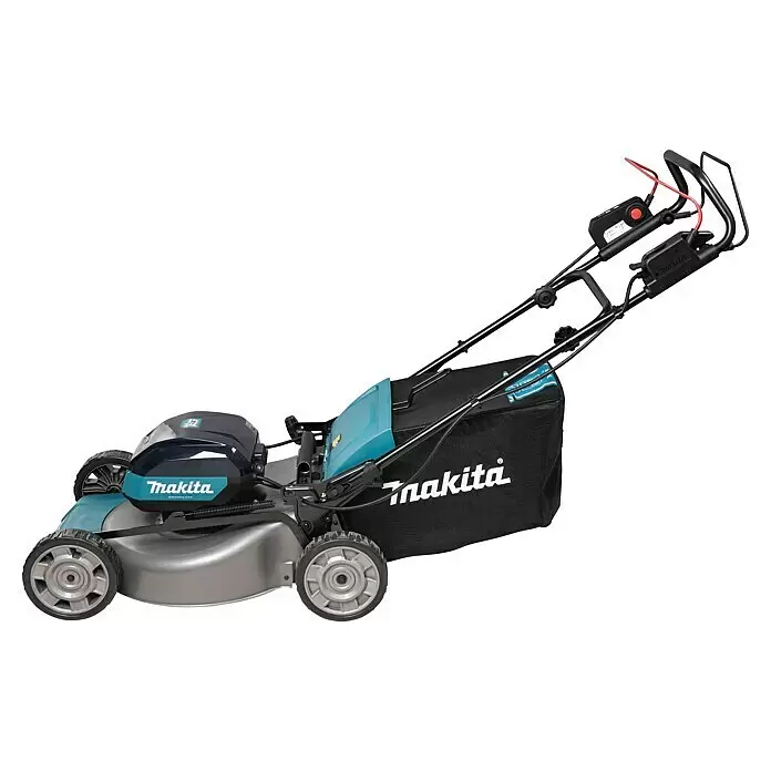Makita XGT 40V max. Akku-Rasenmäher LM002GZ - 40 V, Ohne Akku, Schnittbreite: 53 cm - Makita Akku-Rasenmäher in Blau und Grau mit schwarzem Fangkorb und roten Griffakzenten.
