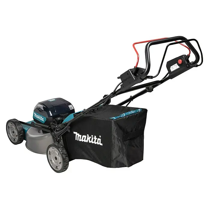 Makita XGT 40V max. Akku-Rasenmäher LM001GT204 - 40 V, 2 Akkus, 5 Ah, Schnittbreite: 48 cm - Abgebildet ist ein Makita Akku-Rasenmäher mit Grasfangkorb, ideal für Gärten. Er bietet kabellose Freiheit und effizientes Mähen.