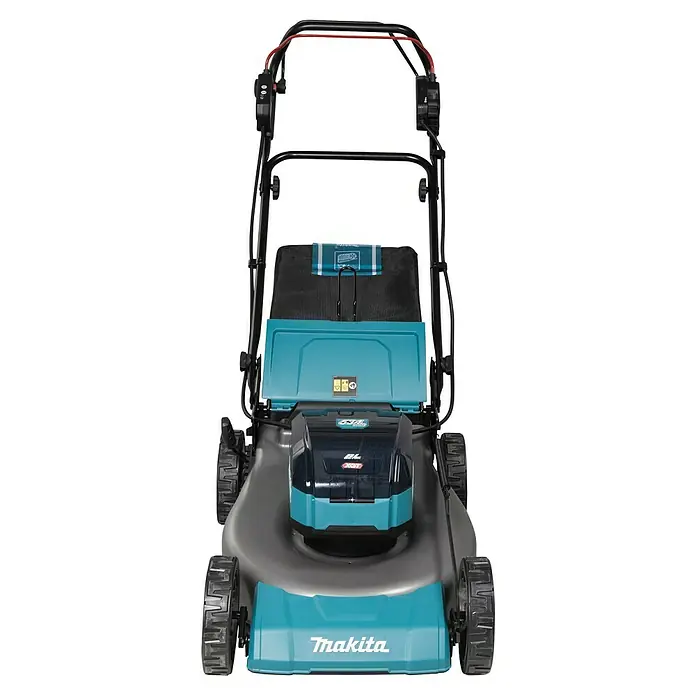 Makita XGT 40V max. Akku-Rasenmäher LM002GT204 - 40 V, 2 Akkus, 5 Ah, Schnittbreite: 53 cm - Nahaufnahme eines Makita Akku-Rasenmähers, der die Marke und das Design hervorhebt. Ideal für Gartenarbeiten mit Akkutechnik.