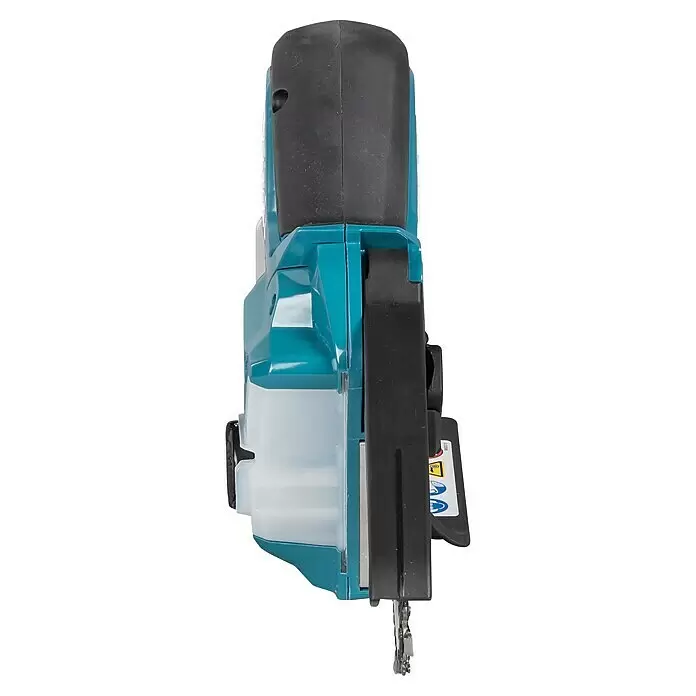 Makita CXT 12V max. Akku-Astsäge UC100DZ - Li-Ionen, Ohne Akku, Schwertlänge: 12 cm - Türkise und schwarze Akku-Kettensäge mit durchscheinendem Öltank, von oben gesehen.