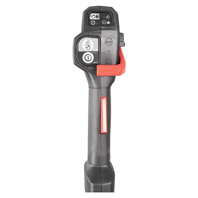 Makita XGT 40V max. Akku-Freischneider DUR013GT204 - 40 V, 5 Ah, 2 Akkus - Nahaufnahme eines schwarzen Gerätegriffs mit roten Akzenten, der verschiedene Steuerungs- und Anzeigeelemente aufweist.