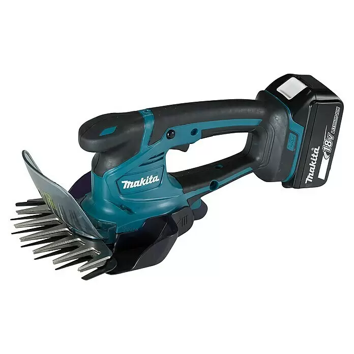 Makita LXT 18V Akku-Gras- & Strauchschere DUM604RFX1 - 18 V, Li-Ionen, 1 Akku - Makita 18V Akku-Heckenschere in Schwarz und Türkis mit Metallklingen und transparentem Schutz.