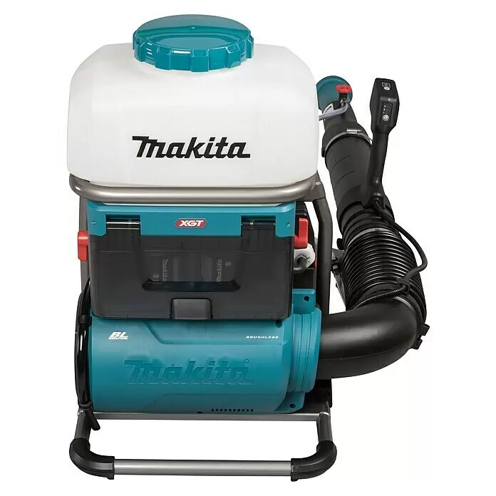 Makita XGT 40V max. Akku-Sprühgerät PM001GZ01 - 40 V, Ohne Akku, 15 l - Makita Akku-Rucksackspritze mit durchscheinendem weißem Tank und türkis/schwarzen Komponenten.