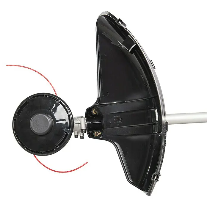 Makita XGT 40V max. Akku-Freischneider DUR013GZ04 - 40 V, Ohne Akku, Schnittbreite Messer: 255 mm - Nahaufnahme eines Rasentrimmers mit schwarzem Gehäuse und rotem Trimmerfaden. Ideal für Gartenarbeiten und Rasenpflege.