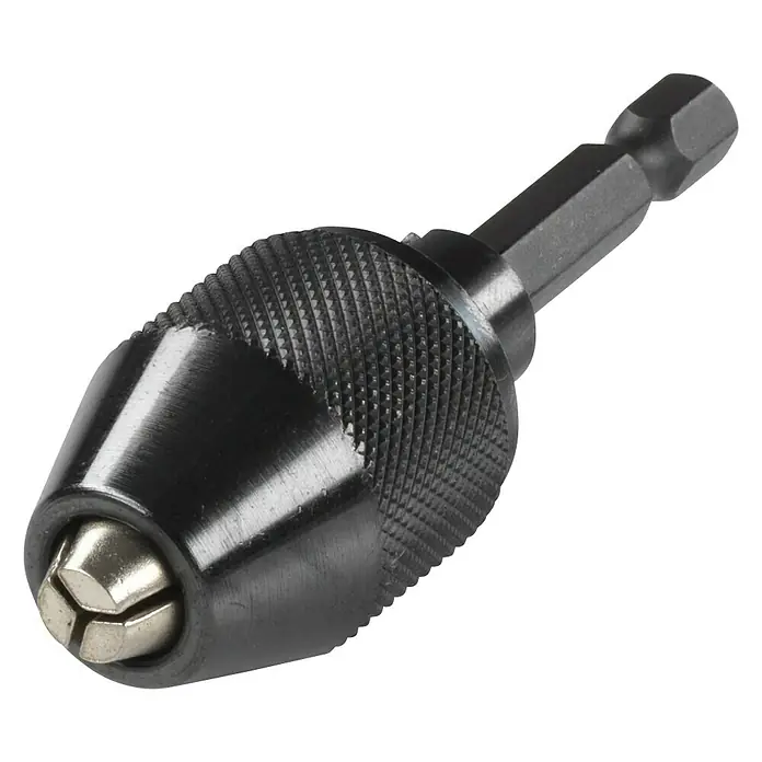 Wolfcraft Portabrocas de cierre rápido - Específico para: Atornillador de batería con alojamiento hexagonal de ¼'' - Esta imagen muestra un portabrocas de cambio rápido con un vástago hexagonal, diseñado para taladros eléctricos.