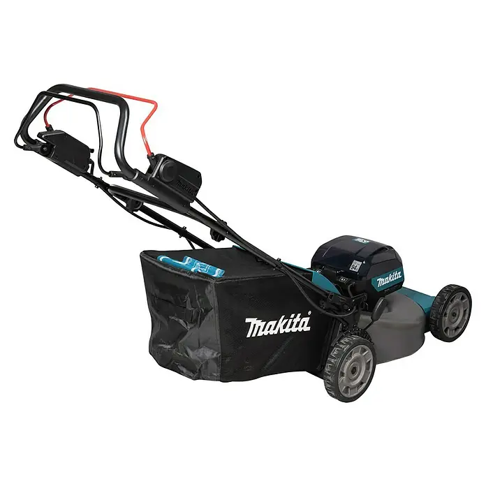 Makita XGT 40V max. Akku-Rasenmäher LM002GZ - 40 V, Ohne Akku, Schnittbreite: 53 cm - Abbildung eines Makita Akku-Rasenmähers mit Fangkorb vor schwarzem Hintergrund. Das Gerät ist in den Farben Türkis, Schwarz und Grau gehalten.