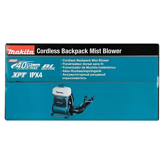Makita XGT 40V max. Akku-Sprühgerät PM001GZ01 - 40 V, Ohne Akku, 15 l - Makita blauer und weißer Akku-Rucksack-Nebelbläser.