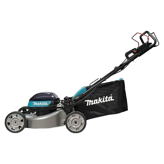 Makita XGT 40V max. Akku-Rasenmäher LM001GT204 - 40 V, 2 Akkus, 5 Ah, Schnittbreite: 48 cm - Abbildung eines Makita Akku-Rasenmähers mit Fangkorb vor schwarzem Hintergrund. Der Rasenmäher ist blau, silber und schwarz.