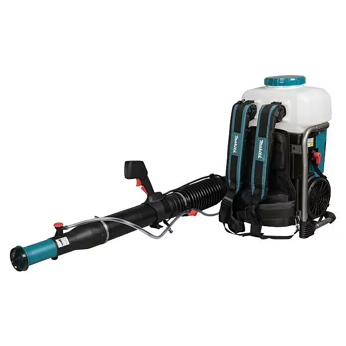 Makita XGT 40V max. Akku-Sprühgerät PM001GZ01 - 40 V, Ohne Akku, 15 l - Makita Rucksackgebläse/-sprüher mit weißem Tank, blauen und schwarzen Gurten sowie blauer/schwarzer Düse.