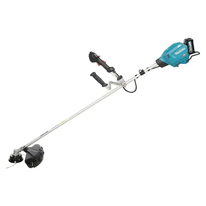 Makita XGT 40V max. Akku-Freischneider DUR013GZ04 - 40 V, Ohne Akku, Schnittbreite Messer: 255 mm - Eine akkubetriebene Motorsense von Makita mit blauem Gehäuse und einem langen, silbernen Schaft vor schwarzem Hintergrund.