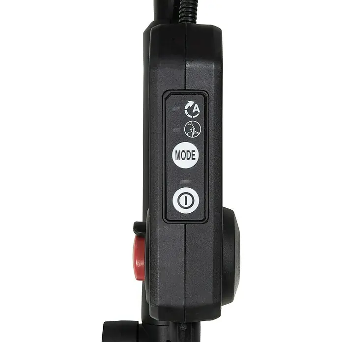 Makita XGT 40V max. Akku-Rasenmäher LM002GZ - 40 V, Ohne Akku, Schnittbreite: 53 cm - Nahaufnahme der Bedienelemente eines Geräts, mit Tasten für Automatik, Modus und Ein/Aus. Schwarzes Design mit klaren, weißen Symbolen.