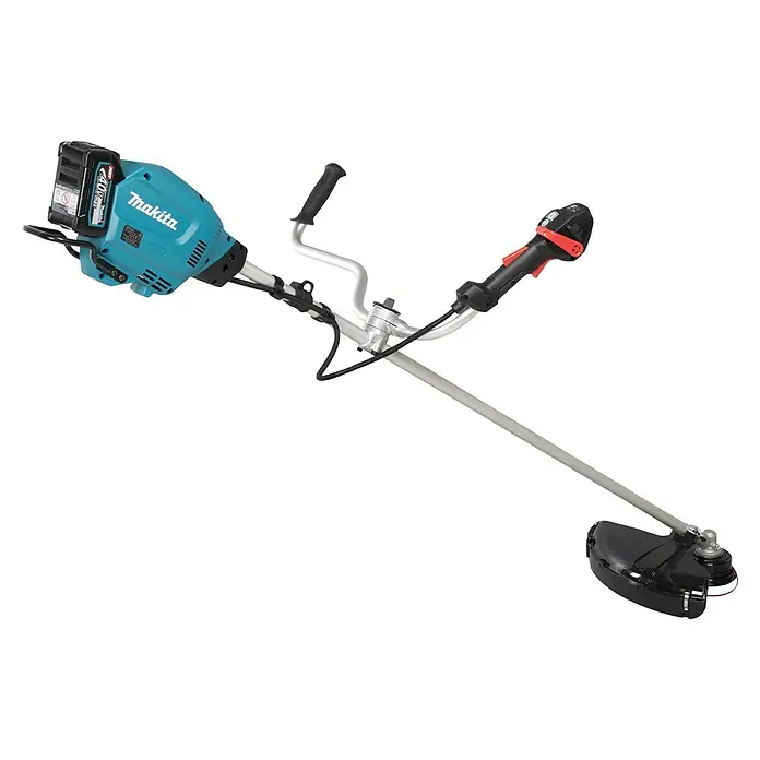 Makita XGT 40V max. Akku-Freischneider DUR013GT204 - 40 V, 5 Ah, 2 Akkus - Aufsicht eines Makita Akku-Rasentrimmers mit silberner Welle, schwarzem Griff und einer 40V-Batterie oben.