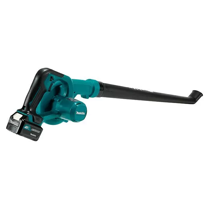 Makita CXT 12V max. Akku-Gebläse UB101DZ - Ohne Akku, Blasgeschwindigkeit: 56 m/s - Ein türkis-schwarzer Makita Akku-Laubbläser mit 12V max Lithium-Ionen-Akku und langem, abgewinkeltem schwarzem Blasrohr.