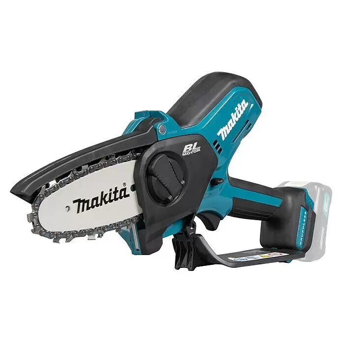 Makita CXT 12V max. Akku-Astsäge UC100DZ - Li-Ionen, Ohne Akku, Schwertlänge: 12 cm - Teal und schwarze Makita Akku-Minikettensäge mit weißem Schwert und Metallkette, inklusive Akku.