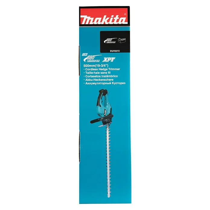 Makita LXT 18V Akku-Heckenschere DUH507Z - 18 V, Li-Ionen, Ohne Akku, Schnittlänge: 500 mm - Verpackung der Makita DUH507Z Akku-Heckenschere mit 500 mm Schnittlänge, ideal für kabelloses Trimmen von Hecken.