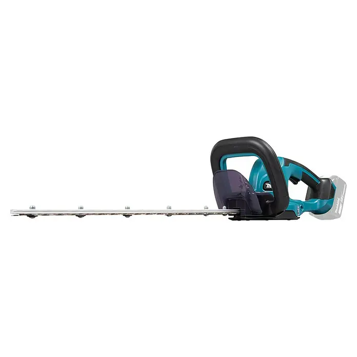 Makita LXT 18V Akku-Heckenschere DUH507Z - 18 V, Li-Ionen, Ohne Akku, Schnittlänge: 500 mm - Aufsicht eines türkisen Makita Akku-Heckenschere mit schwarzem Griff und silberfarbenen Klingen auf einem schwarzen Hintergrund.