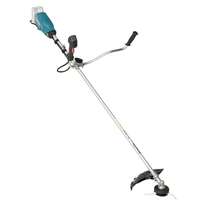 Makita XGT 40V max. Akku-Motorsense UR016GZ - 40 V, Ohne Akku, Schnittbreite Messer: 230 mm - Akku-Makita-Motorsense mit türkisfarbenem und schwarzem Gehäuse, silbernem Schaft, schwarzen Griffen und Schneidkopf.