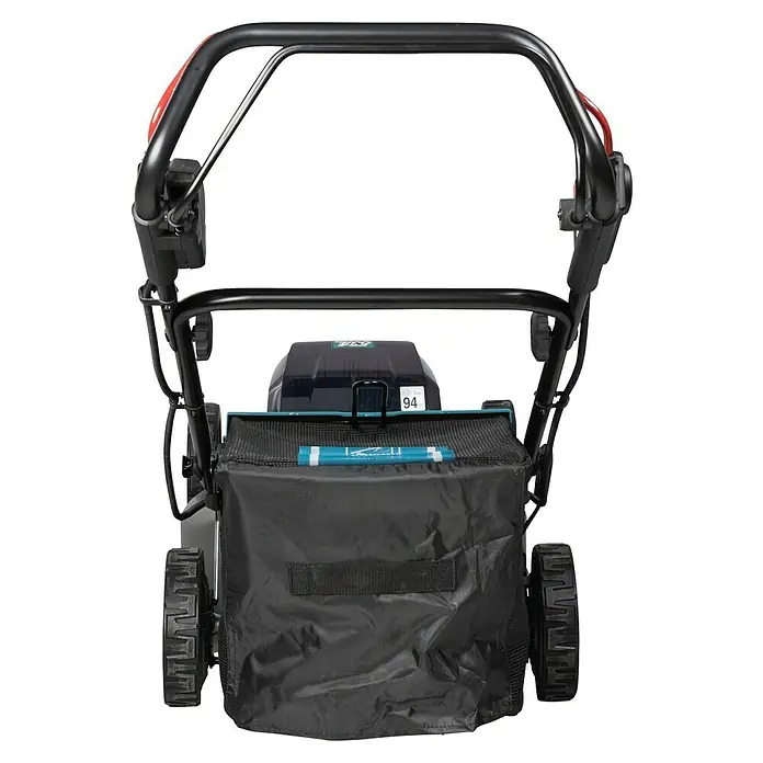 Makita XGT 40V max. Akku-Rasenmäher LM002GZ - 40 V, Ohne Akku, Schnittbreite: 53 cm - Ansicht von hinten eines Akku-Rasenmähers mit Fangkorb. Das Gerät hat einen schwarzen Griff und rote Akzente.