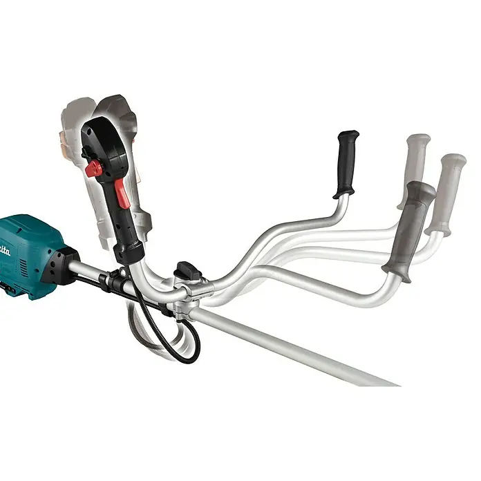 Makita XGT 40V max. Akku-Freischneider DUR013GZ04 - 40 V, Ohne Akku, Schnittbreite Messer: 255 mm - Detailaufnahme eines Makita-Freischneiders mit Griffen und Bedienelementen, ideal für Gartenarbeiten.